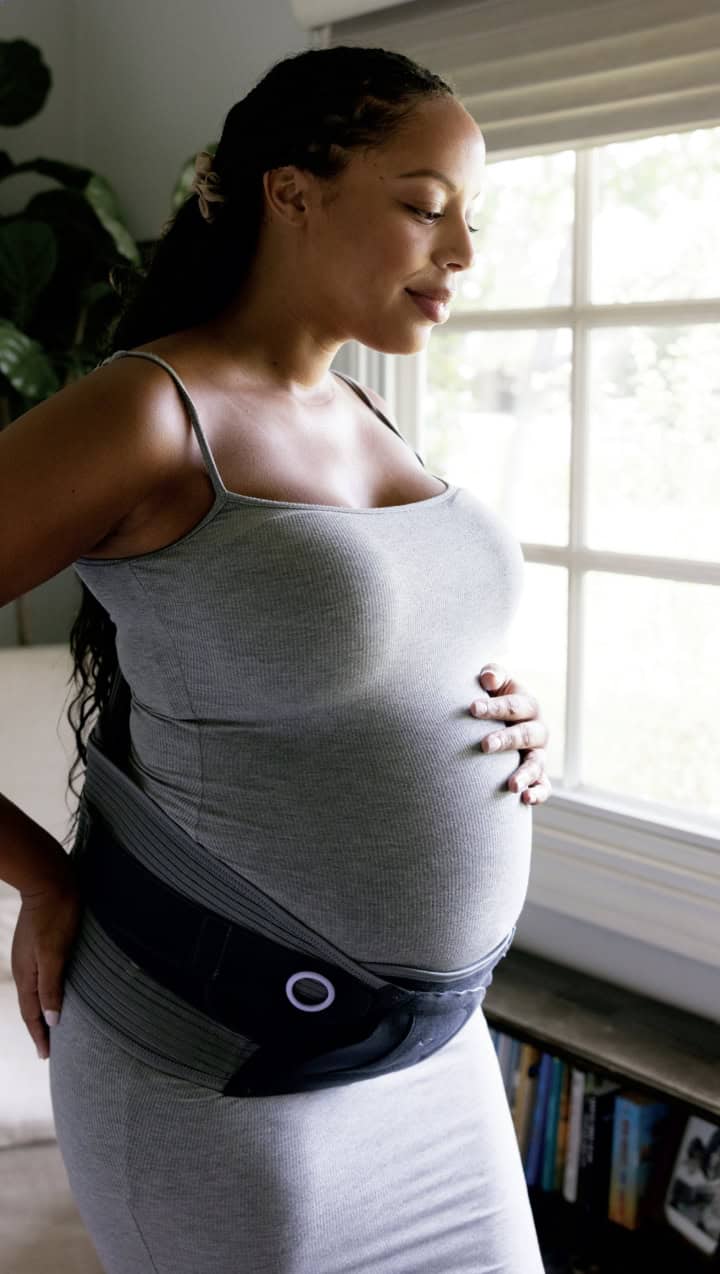 Pregnant woman wearing Popple LSO pregnancy support brace for lower back and pelvic pain relief