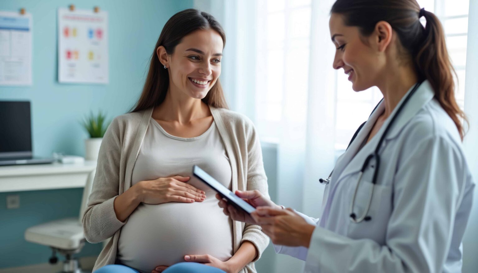 Healthcare provider consulting with pregnant patient